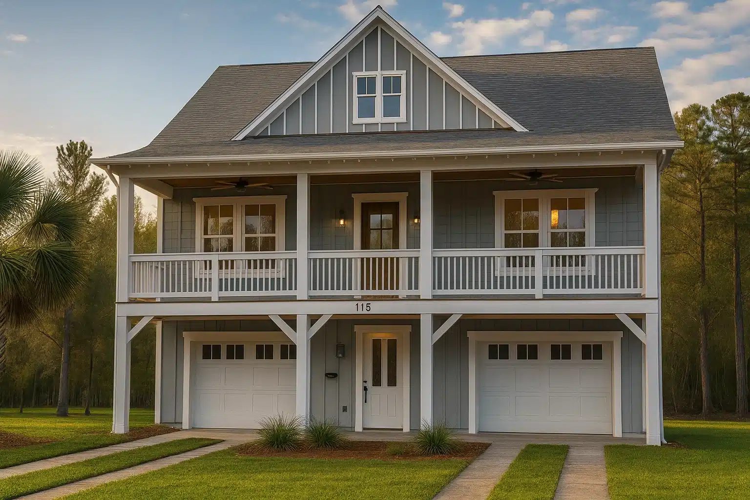 Front elevation of Low Country Coastal style home with board and batten siding, double stacked porches, elevated garage, and symmetrical Charleston-inspired design