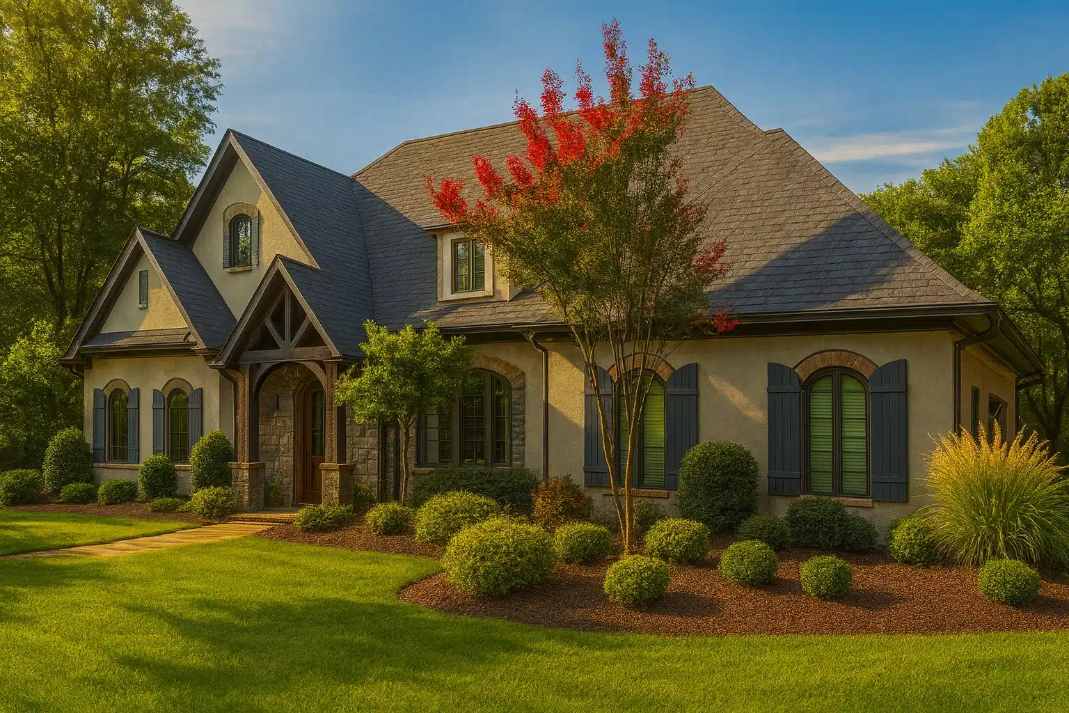 Front exterior view of a French Country style home featuring stucco walls, stone detailing, steep gabled rooflines, and manicured landscaping
