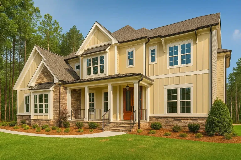 Front elevation of a New American modern traditional home featuring board and batten siding, stone accents, covered porch, and symmetrical windows
