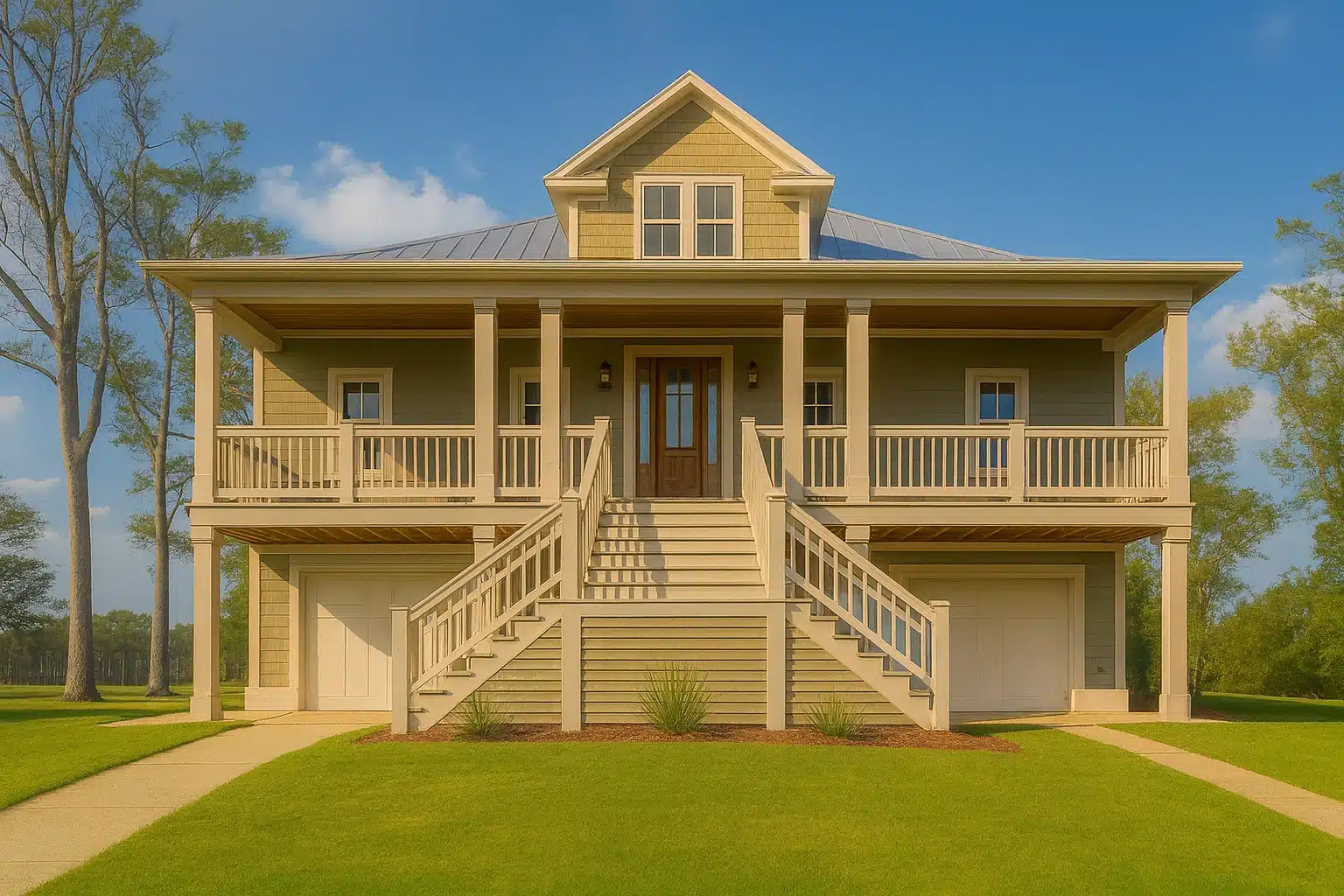 Classical House Plans 29 Front elevation of a Low Country coastal style home with raised foundation, wide wraparound porch, lap siding, and standing seam metal roof