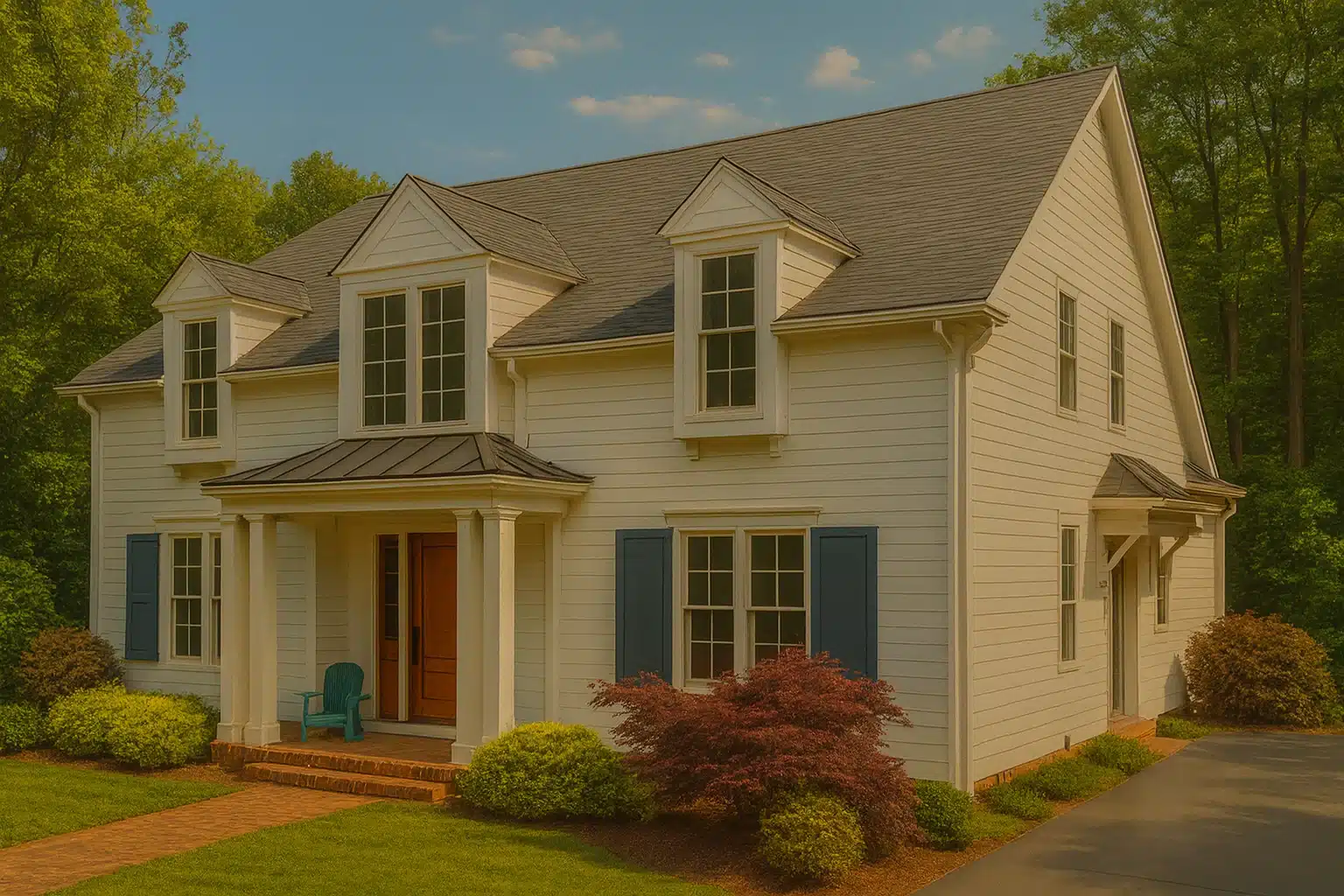 Front exterior view of a Traditional Colonial style home with horizontal siding, symmetrical windows, and classic entry porch