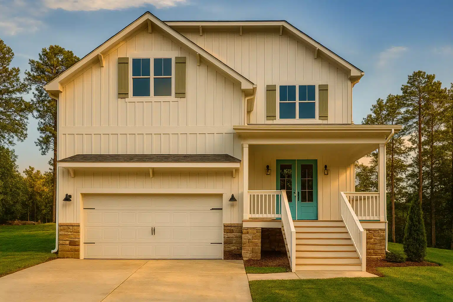 Front elevation of a modern farmhouse style home featuring board and batten siding, stone foundation accents, covered porch, and attached two-car garage