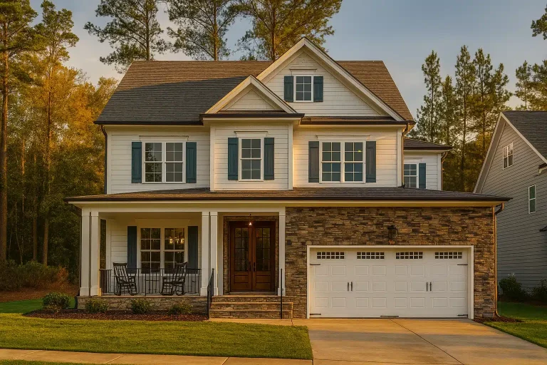 Front elevation of a New American traditional home featuring horizontal siding, stone accents, double garage, and a covered front porch
