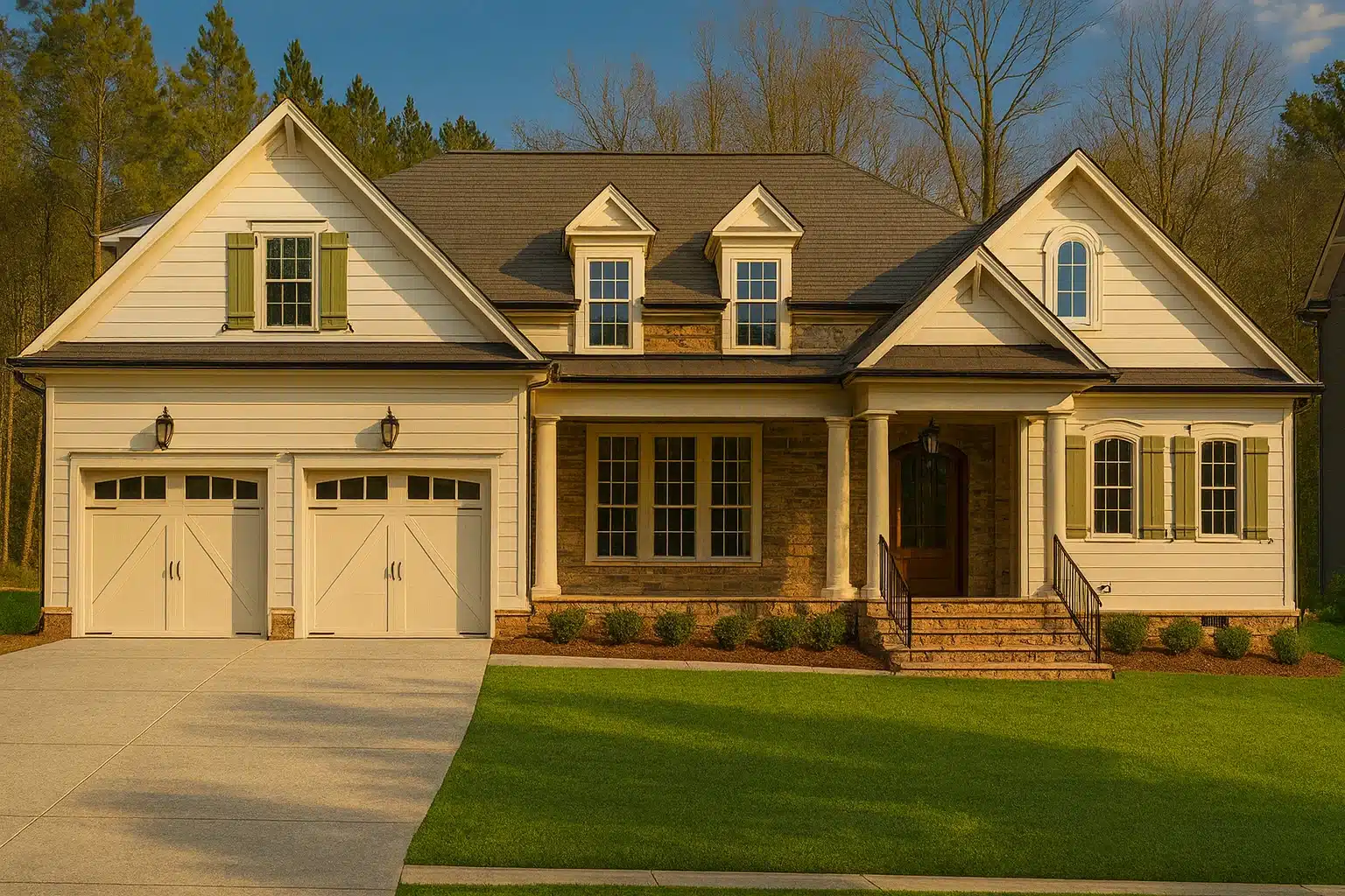 Front exterior view of a Traditional New American house with brick façade, horizontal siding, symmetrical gables, shutters, and a welcoming covered entry