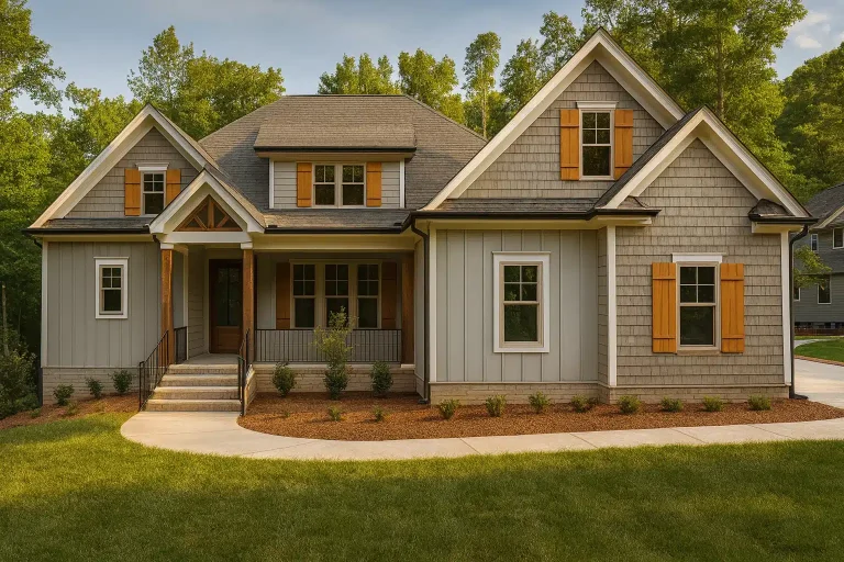 Front elevation of a Modern Farmhouse style home with board-and-batten siding, gable dormers, covered porch, and wood shutters