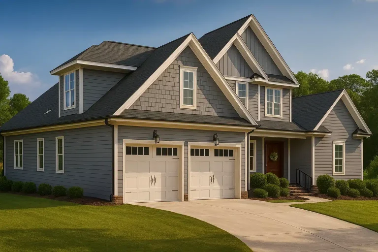 Front elevation of a New American modern traditional house with lap siding, board and batten gables, and a two-car garage