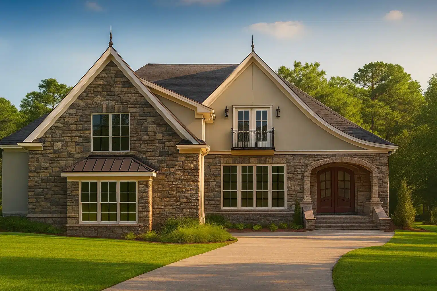 Mediterranean House Plans 1 Front elevation of a French Country style home featuring stone exterior, steep gabled rooflines, arched entry, and refined European detailing