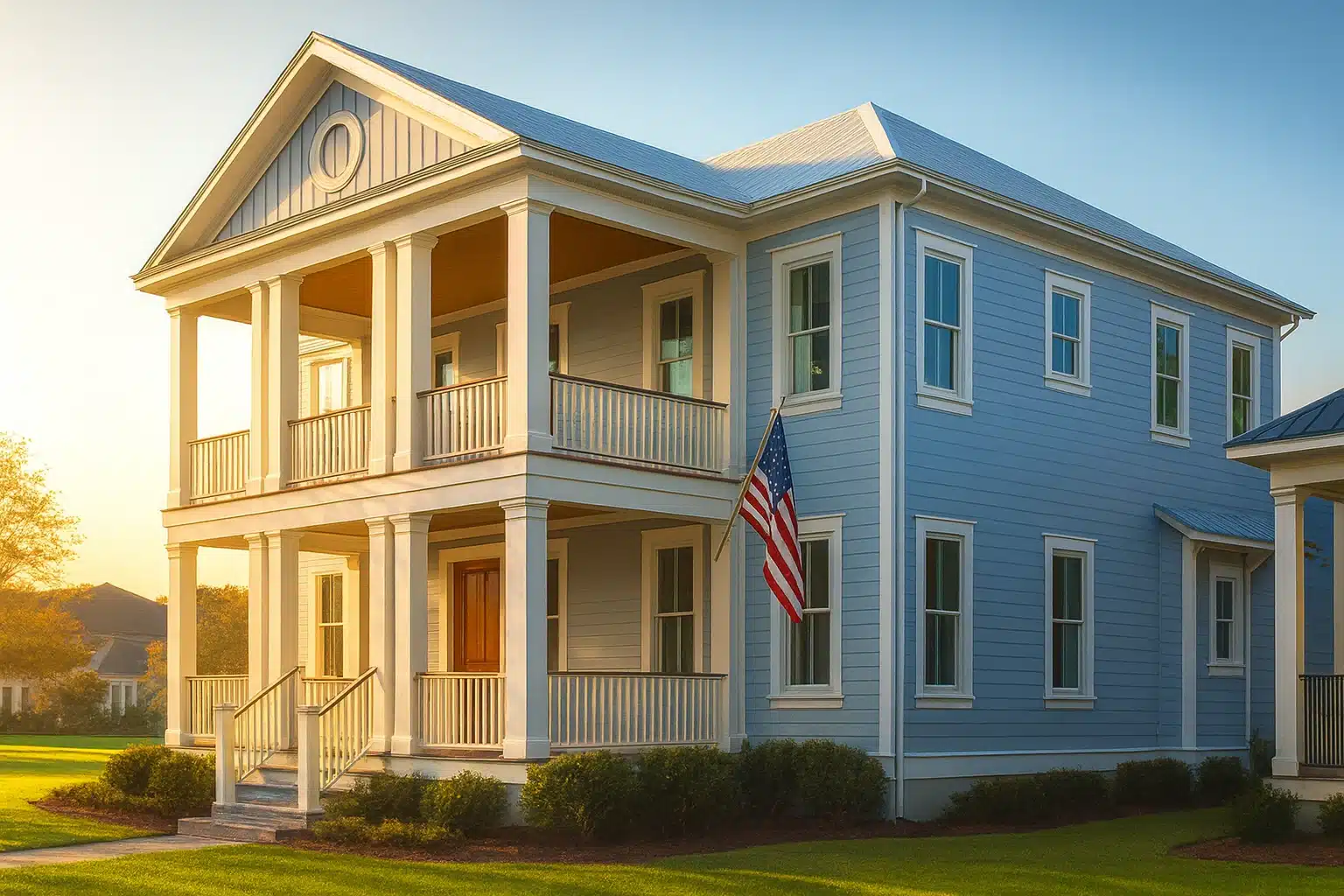 Open Porch House Plans 27 Front elevation of a Colonial style Southern home featuring horizontal siding, double-story covered porches, and classic symmetrical design