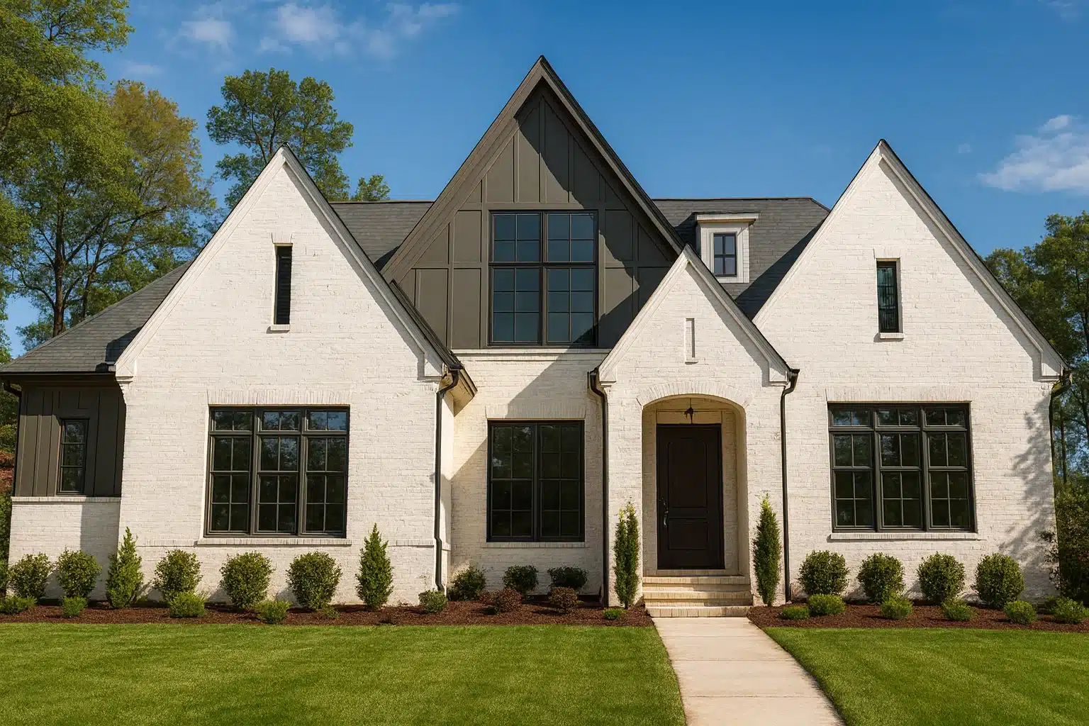 Front elevation of New American modern farmhouse house with white painted brick exterior, board and batten gables, steep rooflines, and symmetrical entry