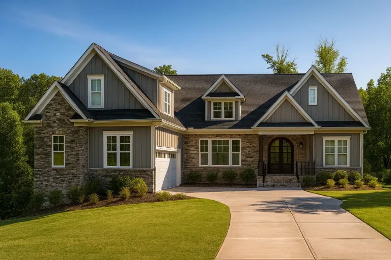 Front elevation of a New American style home featuring board and batten siding, stone exterior accents, gabled rooflines, and an inviting covered entry