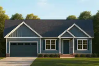 House Plans with Screened-In Porch 13 Front elevation of a Traditional Ranch Craftsman style home featuring blue horizontal siding, board and batten gables, white trim, and a brick foundation base with a front-entry garage