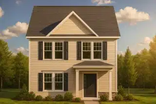 Front elevation of a Traditional Colonial style house featuring beige horizontal siding, black shutters, and a centered entry door under a small covered porch