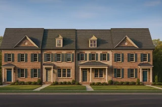 Front elevation of a Georgian and Federal style townhome featuring a symmetrical brick exterior, classic shutters, dormer windows, and formal entryways