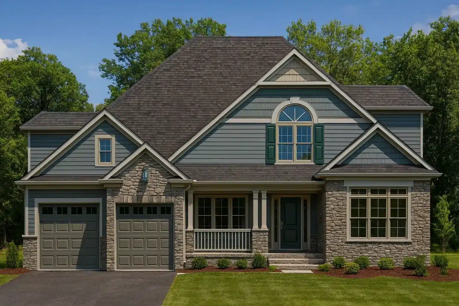 Front elevation of a Traditional Craftsman style home featuring stone and horizontal lap siding with arched window and dual front-entry garage