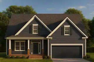 Front elevation of a Cape Cod style house with navy horizontal siding, white trim, and brick base columns creating a timeless traditional look.