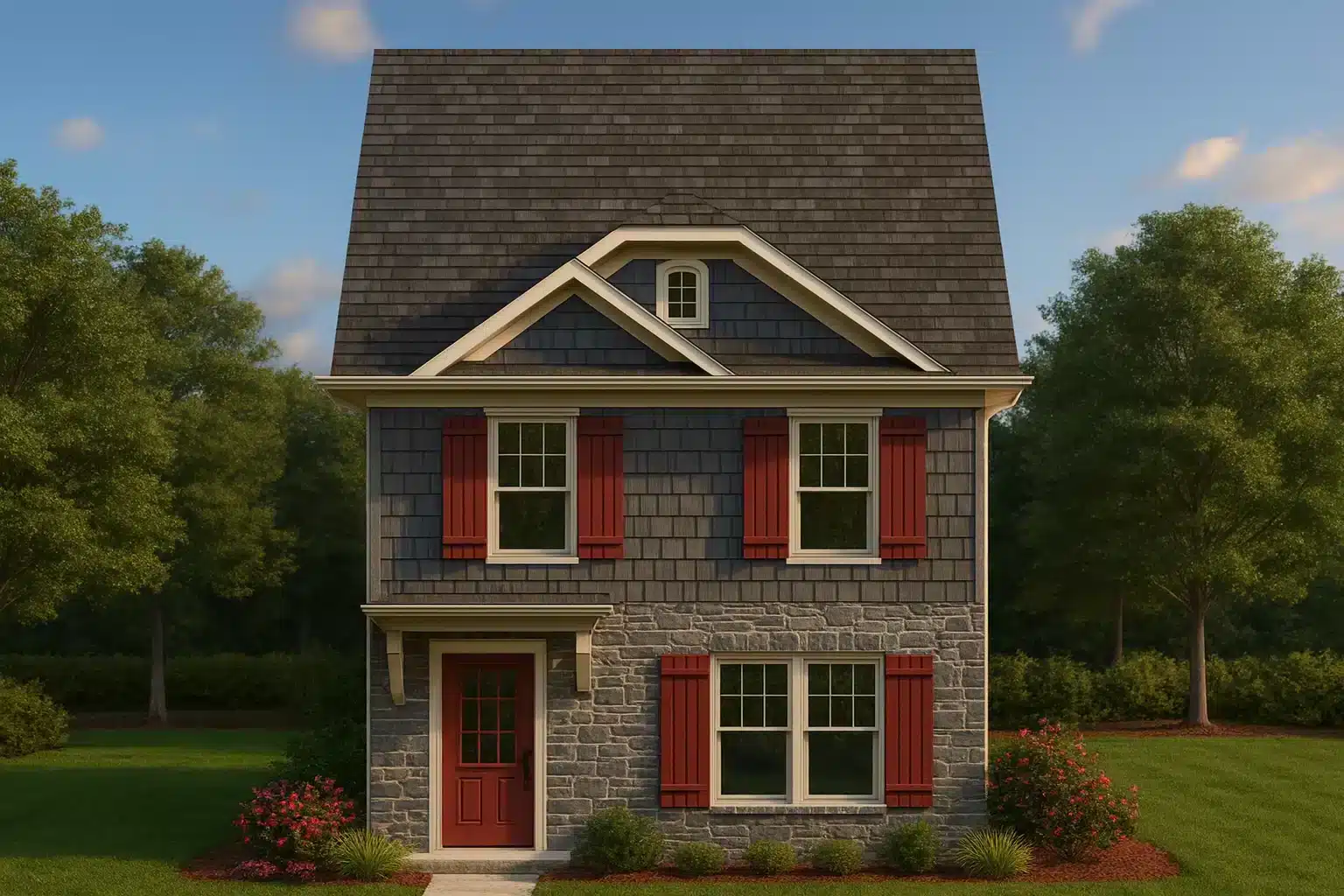 Affordable House Plans 10 Front view of a Colonial Traditional style house featuring stone on the lower level, gray shake siding on the upper level, and red shutters framing symmetrical windows