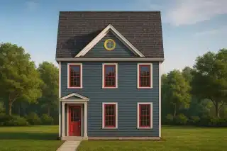 Front elevation of a Colonial style house featuring blue horizontal lap siding, red-framed windows, and a red front door beneath a simple gable roofline.