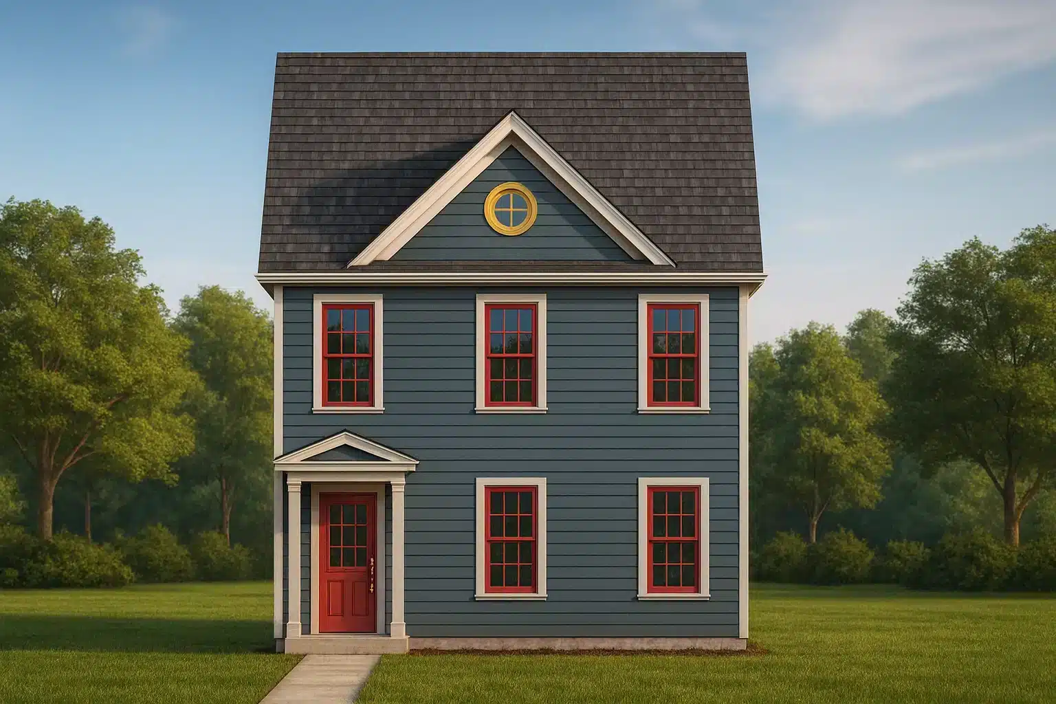 Affordable House Plans 9 Front elevation of a Colonial style house featuring blue horizontal lap siding, red-framed windows, and a red front door beneath a simple gable roofline.