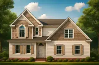 Front elevation of a Traditional Colonial home with New American design influence featuring a mix of horizontal siding and shingle accents, symmetrical windows, and gabled rooflines.