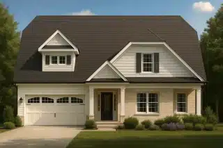 Front view of a Traditional Colonial style home featuring a blend of brick, lap siding, and shingle accents with a welcoming covered porch and dormer window