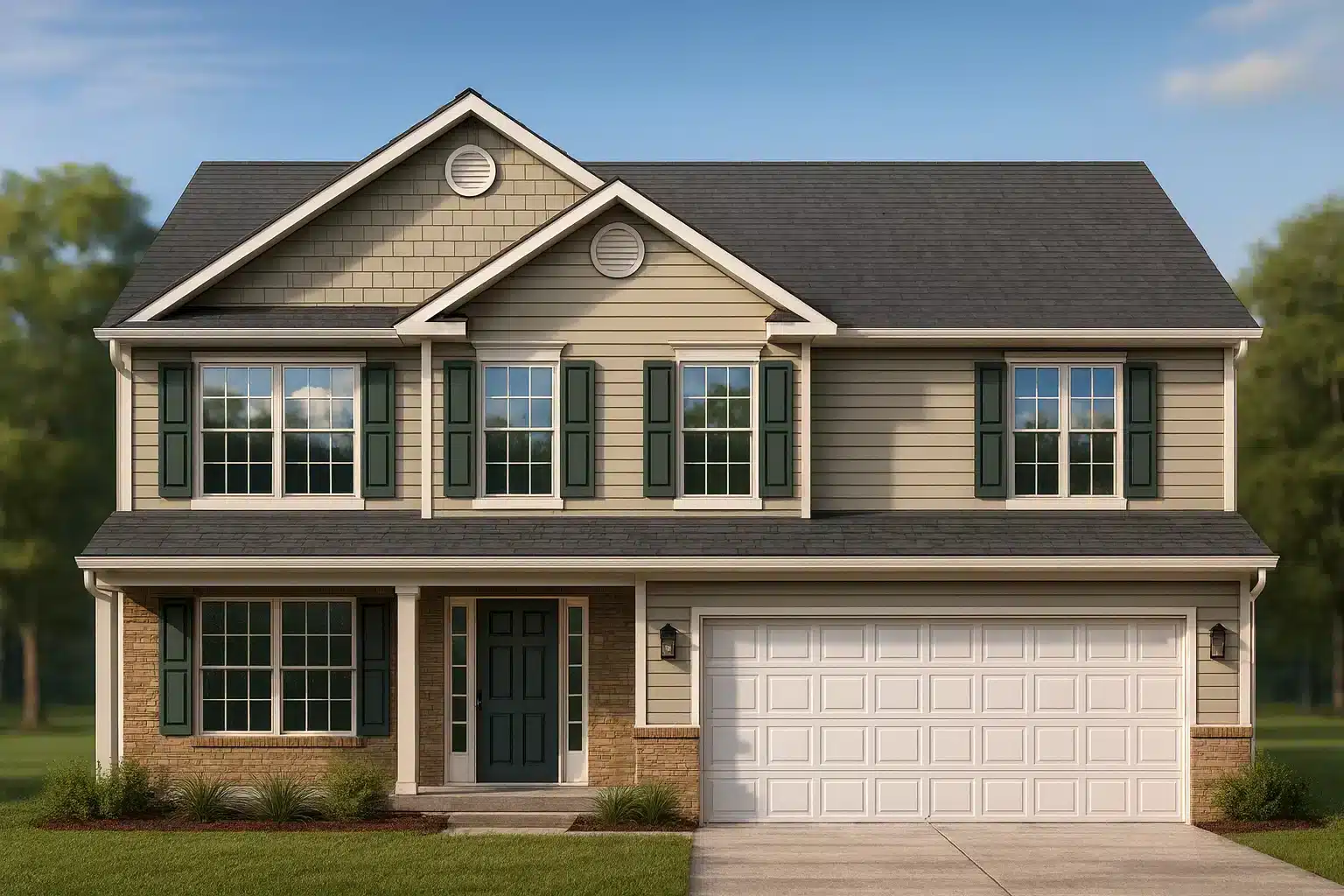 Front elevation of a Traditional Colonial style two-story home featuring beige horizontal siding, brick accents, dark shutters, and a two-car garage