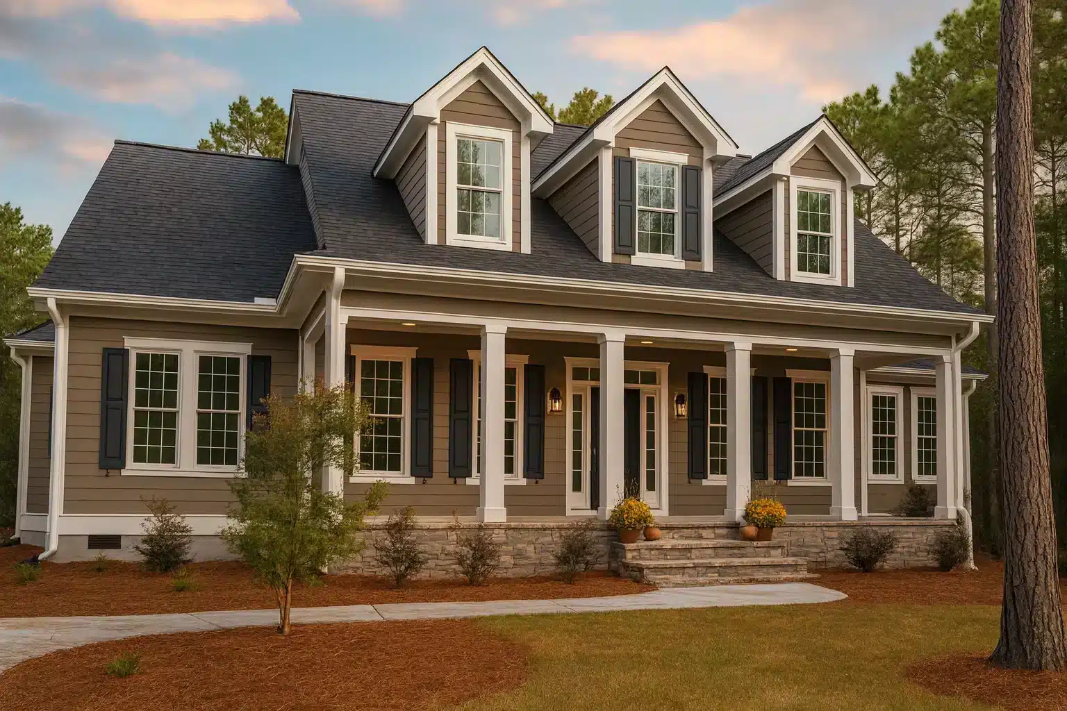Front exterior view of a Southern Farmhouse style home featuring stone foundation, horizontal siding, and a large covered porch with white columns.