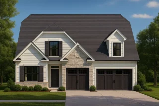 Front view of Modern Farmhouse home featuring a mix of board-and-batten and horizontal lap siding with stone accents, dark trim, and gable rooflines