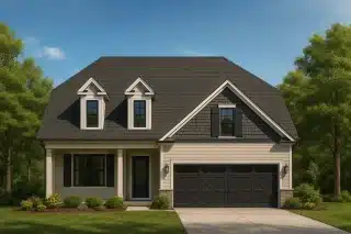 Front view of a Traditional Cape Cod style home featuring horizontal siding, shingle accents, and a stone foundation trim with symmetrical dormers and a two-car garage.