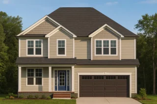 Front elevation of a Traditional New American style home featuring horizontal siding, shingle accents, and a brick foundation base.