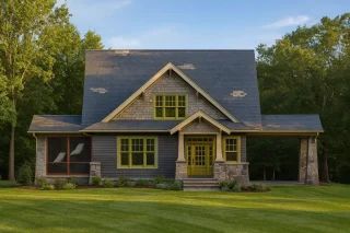 Front elevation of a Craftsman Cottage home featuring stone porch columns, shake siding, and inviting architectural trim details under a steep gable roof