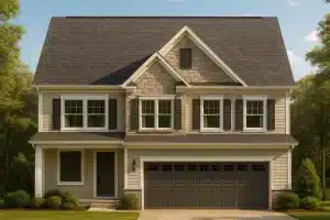 Front elevation of a Traditional Colonial style home featuring stone and horizontal siding, black shutters, and a double garage