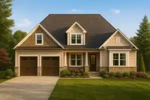 Front elevation of a Traditional Craftsman style home featuring stone accents, shake siding, and a two-car garage beneath a steep gable roof