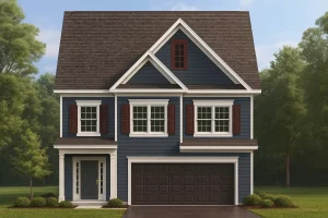 Front elevation of a two-story Traditional Colonial home featuring navy horizontal siding, white trim, brown shutters, and a two-car garage.