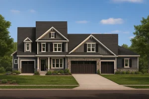 Front view of a Modern Farmhouse and Craftsman style home featuring board and batten siding, stone accents, and triple garage design