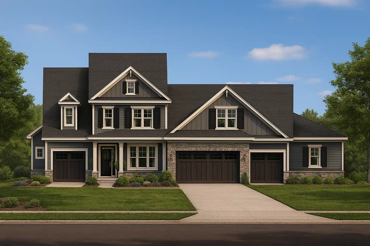 Front view of a Modern Farmhouse and Craftsman style home featuring board and batten siding, stone accents, and triple garage design