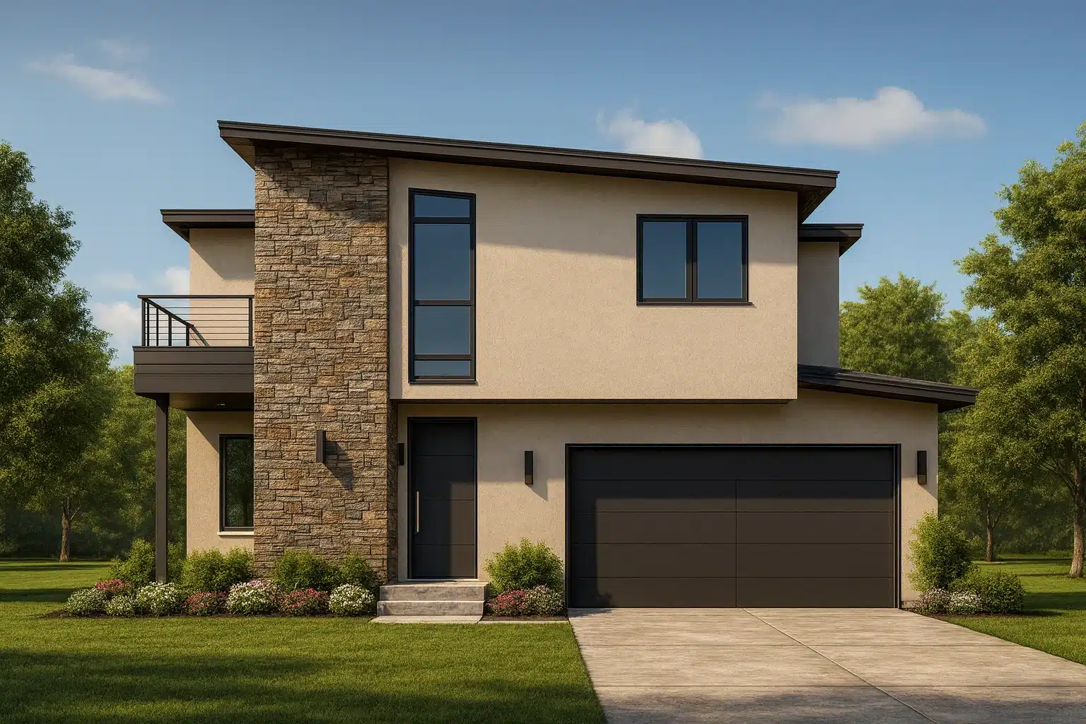 Front view of a modern contemporary two-story home featuring a sleek stucco and stone exterior, flat rooflines, and dark window frames for a stylish urban appeal