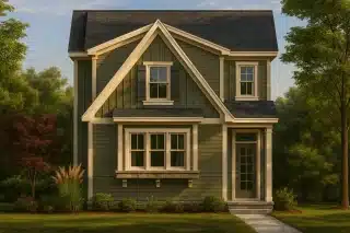 Front view of a Craftsman Cottage style home featuring board and batten siding, gable rooflines, and charming trim details