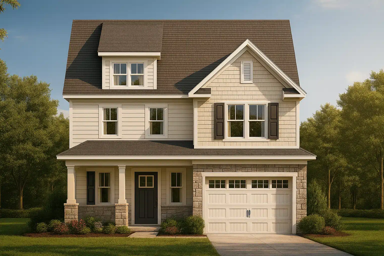 Front view of a Modern Farmhouse style home with stone base, horizontal and shake siding, gabled roofline, and a covered porch with single-car garage