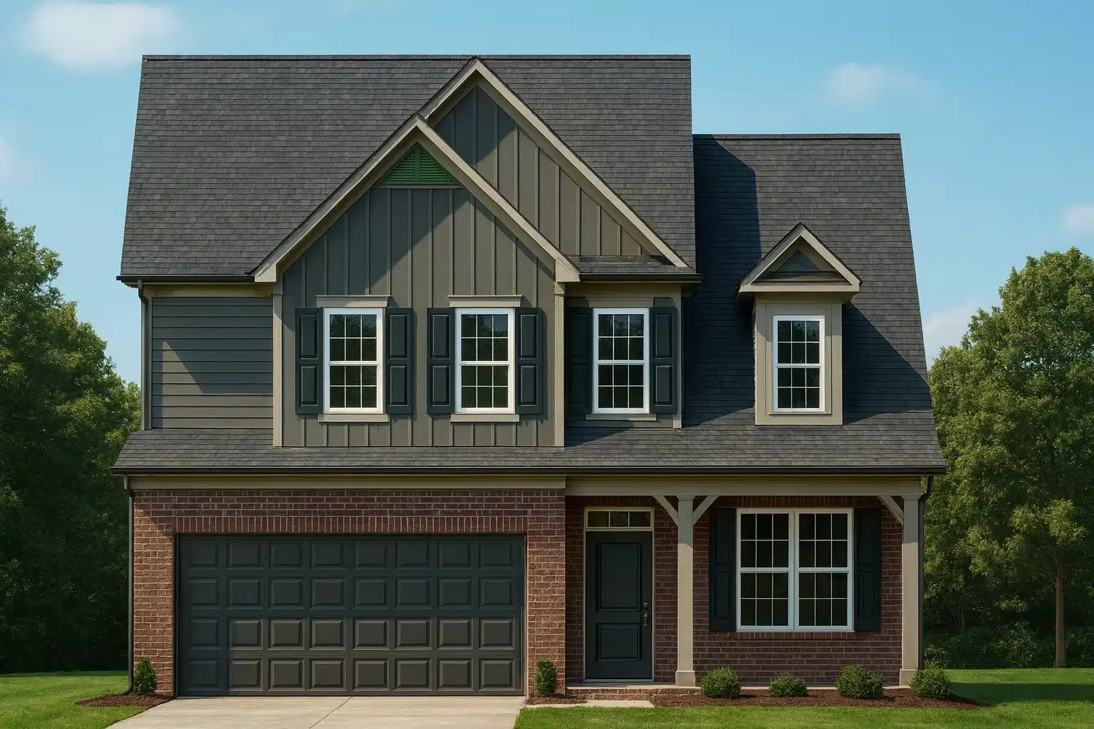 Front view of a Traditional Colonial style house with brick base, board and batten upper siding, and a two-car garage under a steep gable roof.