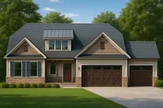 Front elevation of a Craftsman Traditional home featuring stone accents, board and batten siding, and a welcoming covered porch with gabled rooflines.