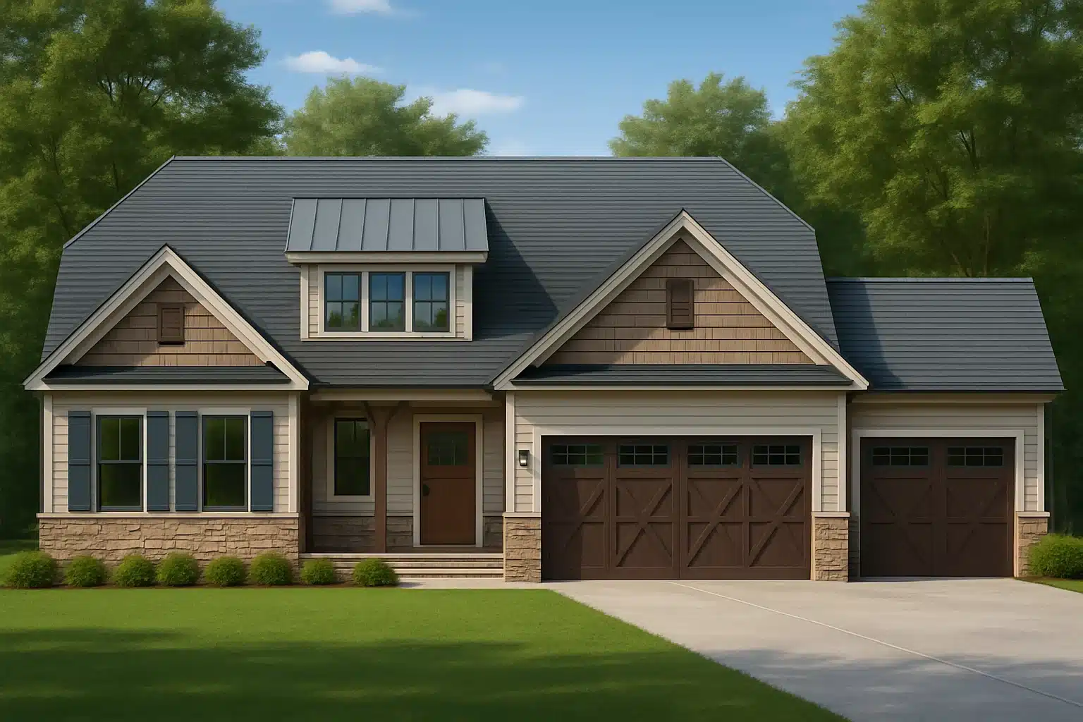 Front elevation of a Craftsman Traditional home featuring stone accents, board and batten siding, and a welcoming covered porch with gabled rooflines.