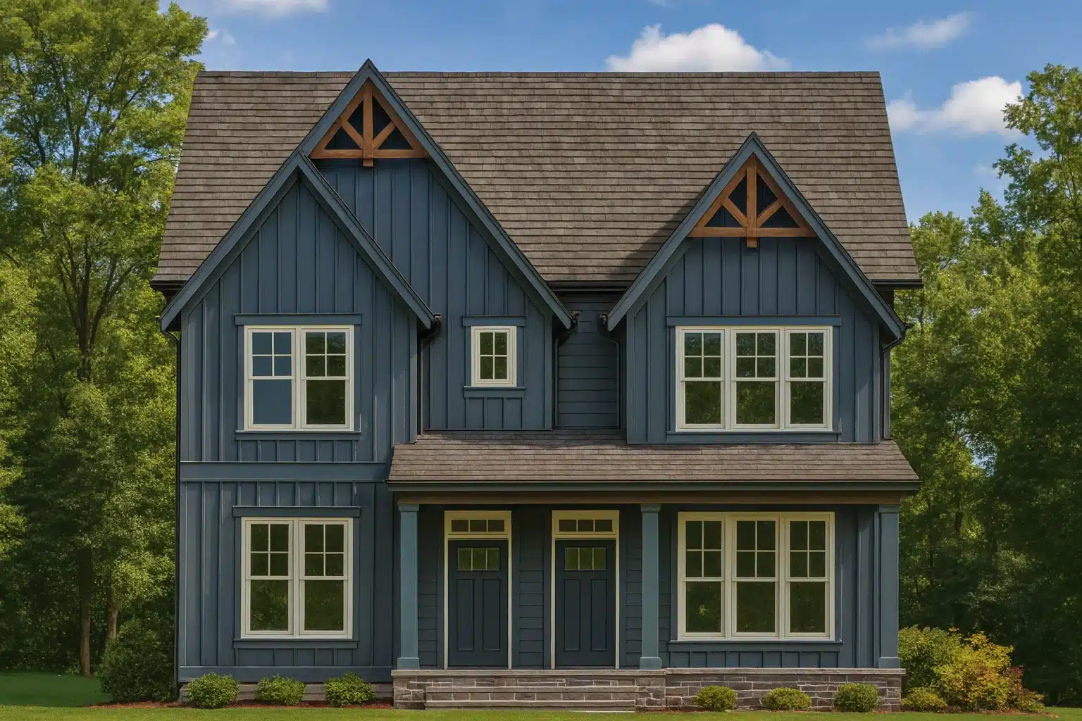 Front view of a Modern Farmhouse style home featuring blue board and batten siding, Craftsman trim accents, and symmetrical gables with wood brackets