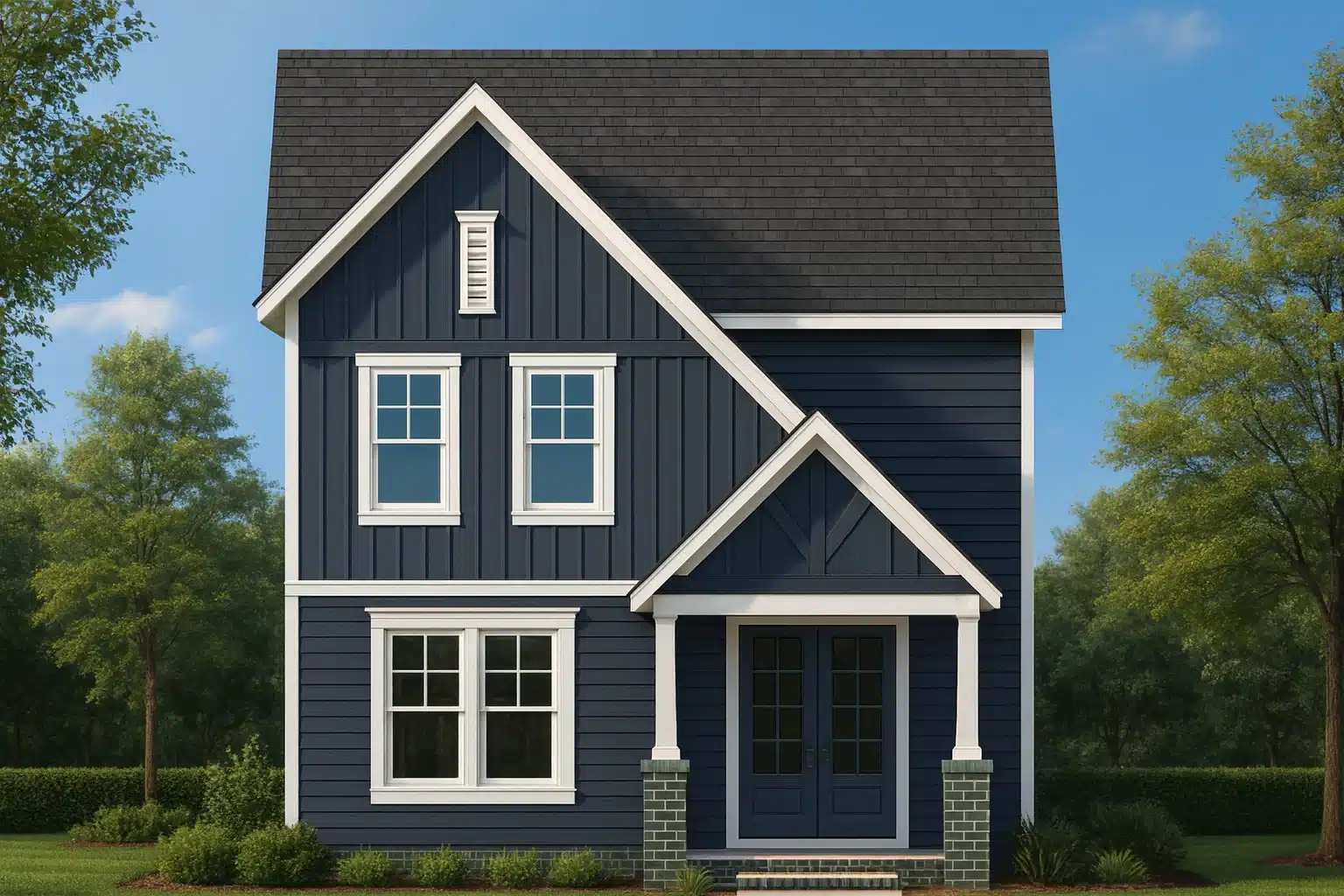 Country Farmhouse Plans 15 Front elevation of a Modern Traditional farmhouse featuring deep blue board and batten siding, white trim, and a welcoming covered entry