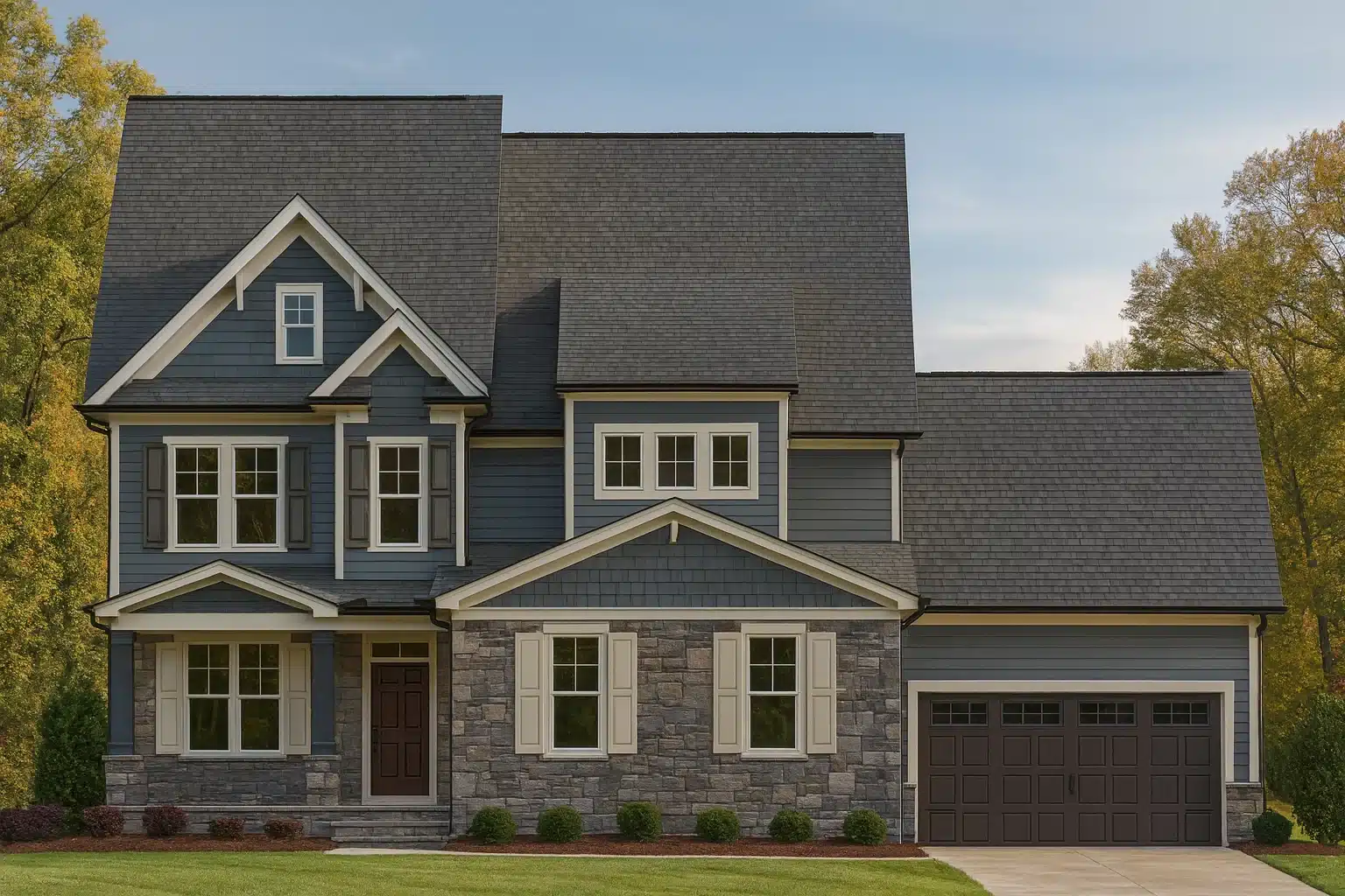 Front elevation of a Traditional Colonial style home with Craftsman influences, featuring blue horizontal lap siding, stone veneer accents, and symmetrical windows.
