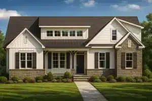 Front view of a Modern Farmhouse style home featuring board and batten siding, stone base accents, dark shutters, and a welcoming covered porch entry