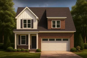Luxury House Plans 7 Front view of a Traditional Colonial home featuring a brick exterior with board and batten siding, two stories, and a front-entry two-car garage