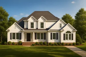 Luxury House Plans 14 Front view of a Traditional Colonial style two-story home featuring classic white siding, black shutters, and symmetrical architecture with central entry porch.