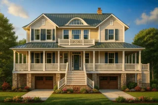 Front elevation of a Coastal Low Country Farmhouse featuring wide wraparound porch, horizontal siding, stone base, and metal roof for timeless Southern charm