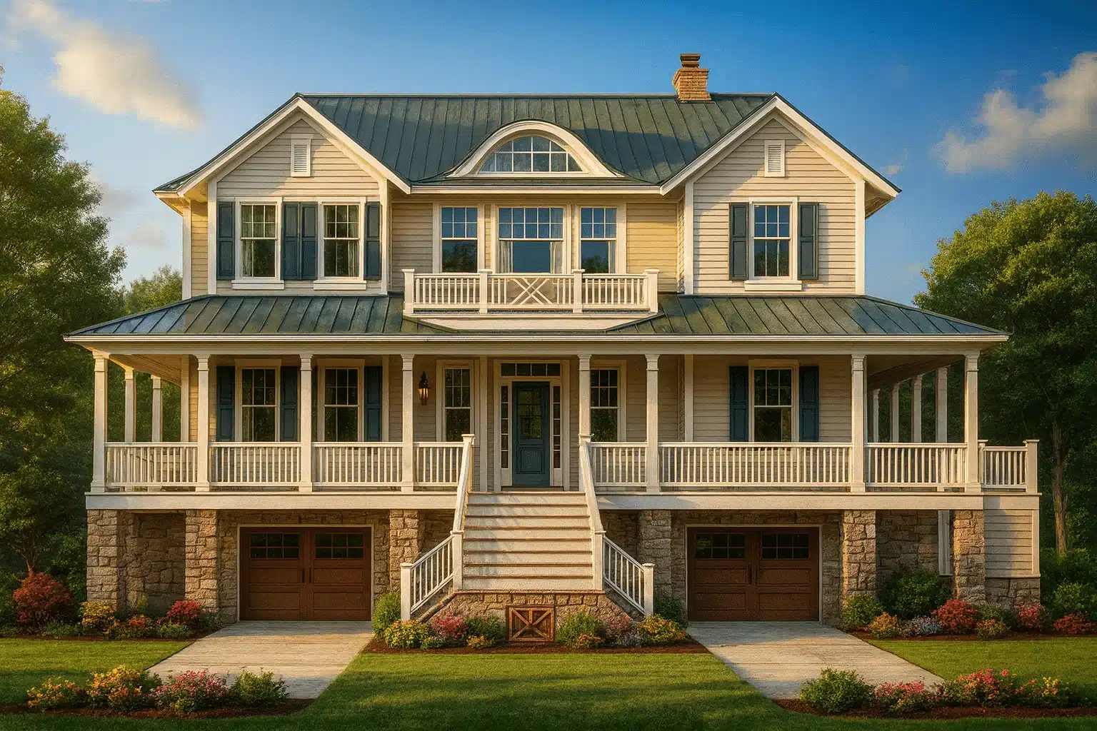 Front elevation of a Coastal Low Country Farmhouse featuring wide wraparound porch, horizontal siding, stone base, and metal roof for timeless Southern charm