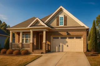 Craftsman traditional home exterior with brick facade, front porch, and gable roof